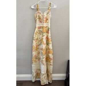 Vintage 70s Ivory Rose Lace Sweetheart Neck Floral Maxi Dress Womens Size S
